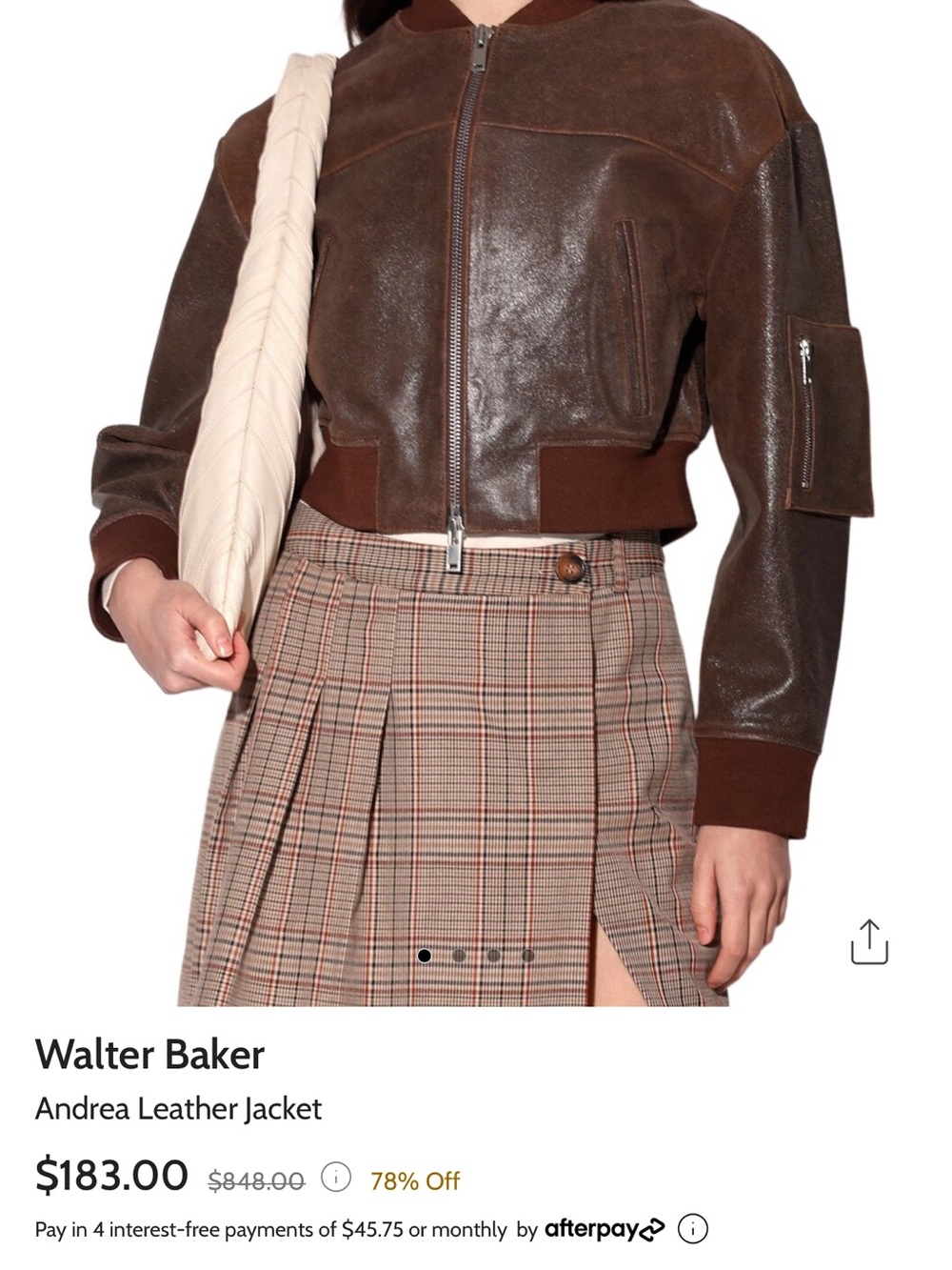 Walter Baker Brown Cropped Leather Bomber Jacket